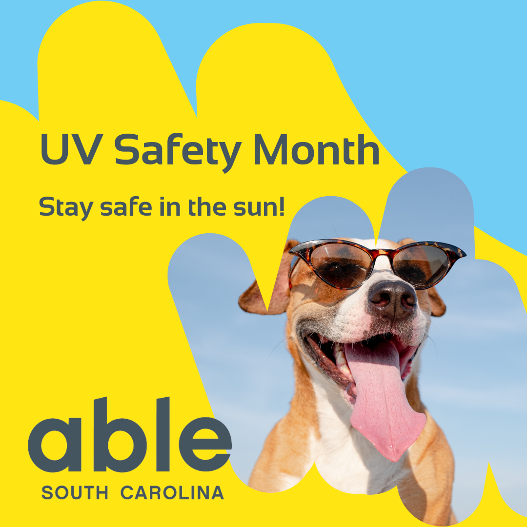 Graphic with yellow and blue background featuring a photo of a dog wearing sunglasses. Text reads, 'UV Safety Month, Say safe in the sun!' followed by Able SC logo.