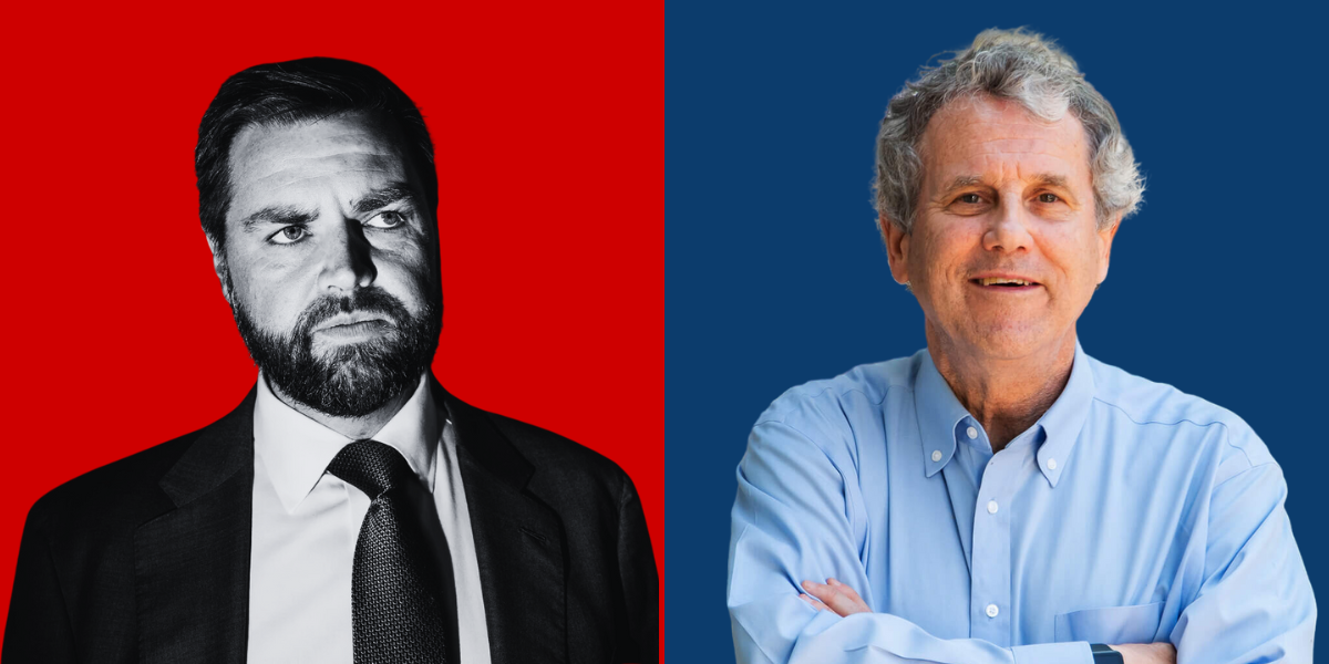 JD Vance on a red background on the left and Sherrod Brown on a blue background on the right.