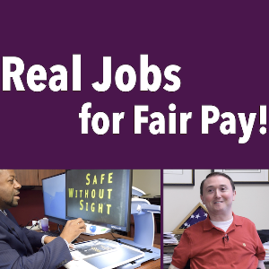 Graphic with text reading real jobs for fair pay over images of people at work.