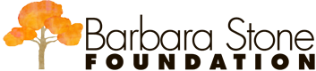 A logo for the Barbara Stone Foundation, which includes a stylized digital drawing of a small tree with orange leaves to the left of its text. The tree trunk is light brown, and the leaves are a blend of orange and light orange. The words ‘Barbara Stone’ are in a clean, sans-serif black font towards the center. Below that, in a larger, bolder black font, is the word ‘FOUNDATION’. The words ‘Barbara Stone’ are more delicate and visually separated from the ‘FOUNDATION’