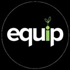 Equip logo within a black circle. The logo is the word ‘equip’ written in a bold white font. The ‘i’ in equip is green and meant to look like a stem. There are two leaves growing out of the dot of the ‘i’, symbolizing growth and development.
