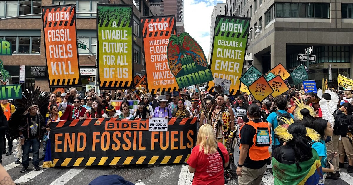 People marching for climate action in New York City.