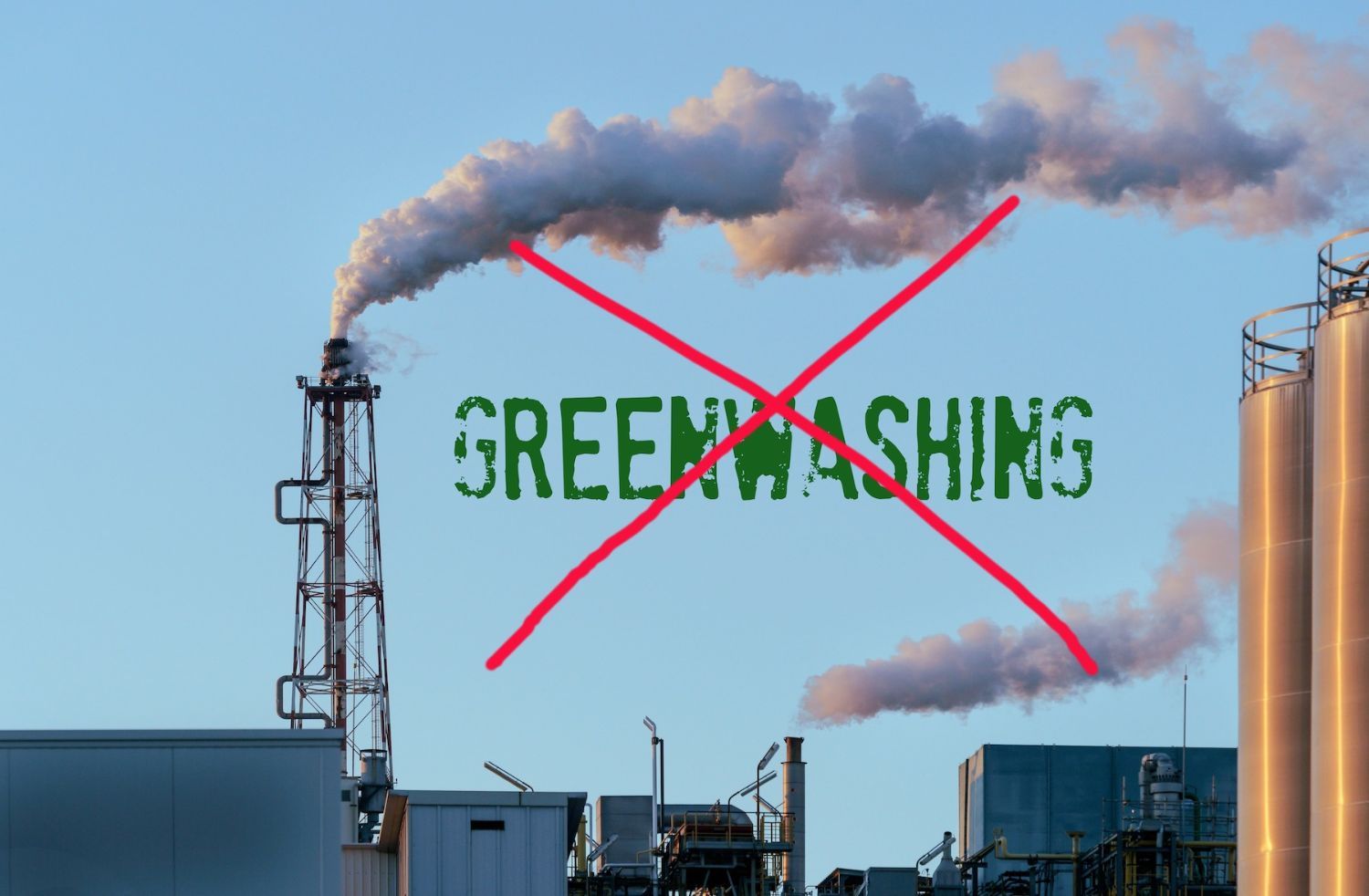 A photo of industrial smokestacks with the word Greenwashing typed over it and red X through it.