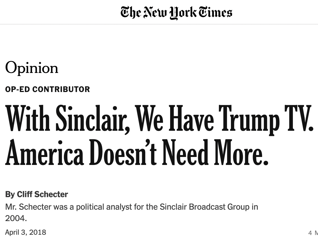 “With Sinclair, We Have Trump TV. America Doesn’t Need More.” Cliff Schecter, NY Times