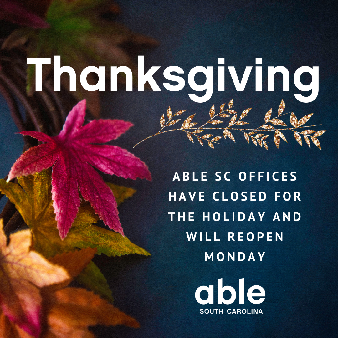 Background photo of fall leaves. Text copied from post with Able SC logo