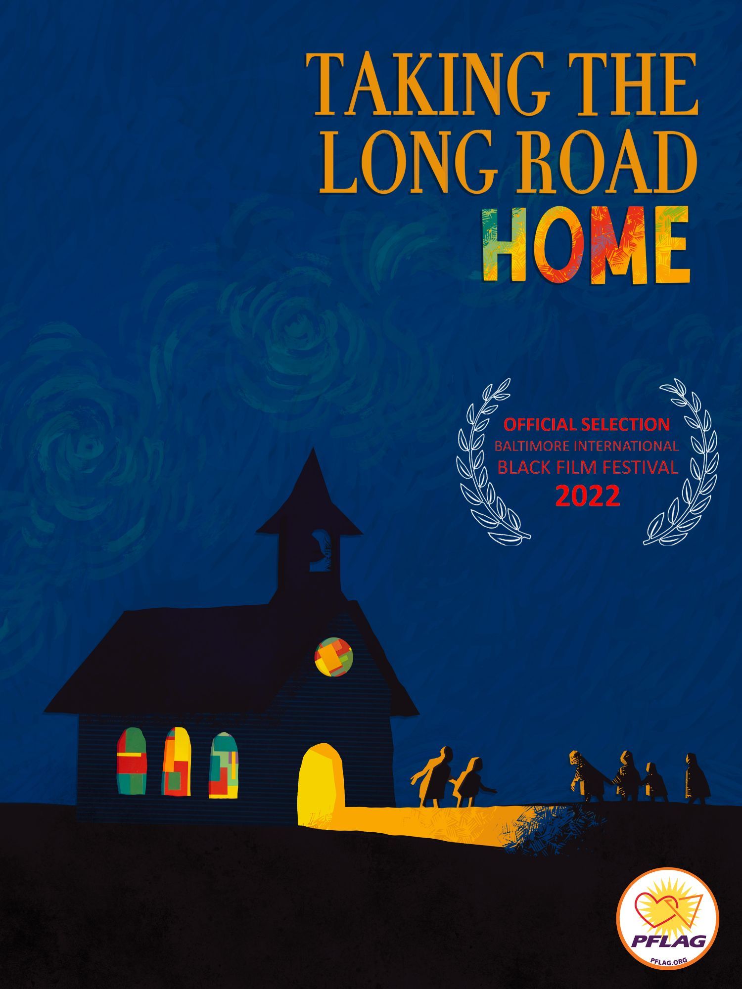 Light streams from the open doors of a house of worship to light the path. Taking the Long Road Home, Official selection of the Baltimore International Black Film Festival 2022