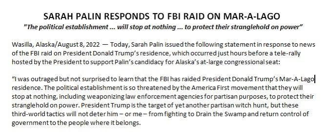 Sarah Palin responds to FBI raid on Mar-a-Lago