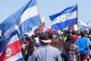 People hold flags of Central American nations at a march in San Diego.