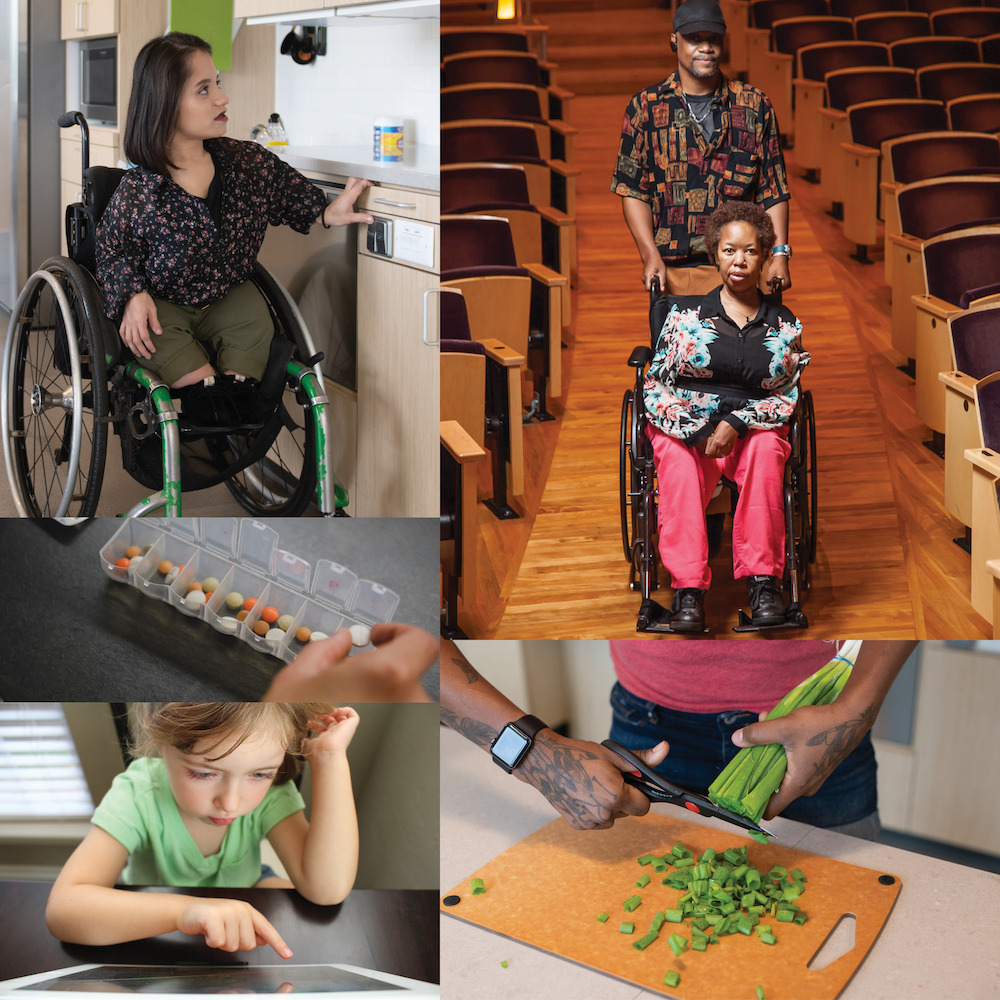 Image collage of 4 people with disabilities engaging in activities like cooking, shopping, and working.