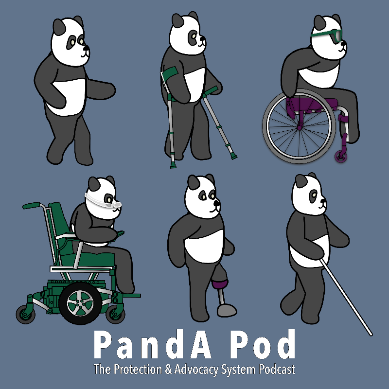 Pandas with different disabilities walking to the right.