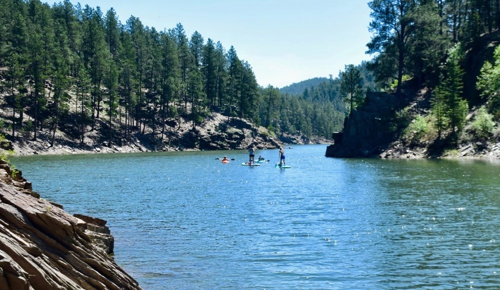 A group of kayakers and people on stand up paddleboards on Jenny Gulch in the Black Hills. Forests of pine trees rise up from the sides of the river.