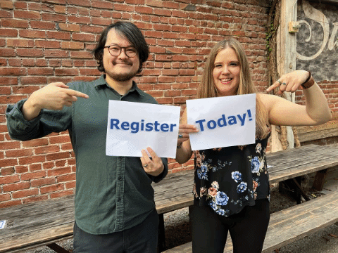 Gif of two employees saying Register Today