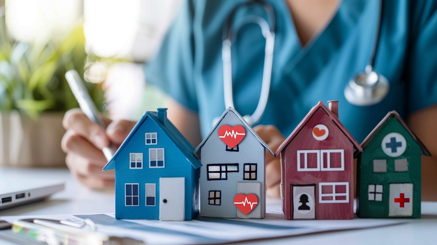 smaller models of housing with physician in background
