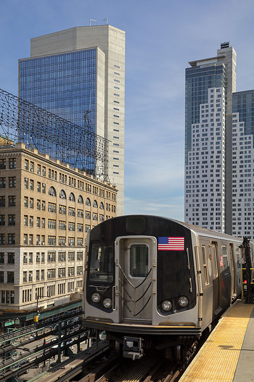 Subway train pulling into station.