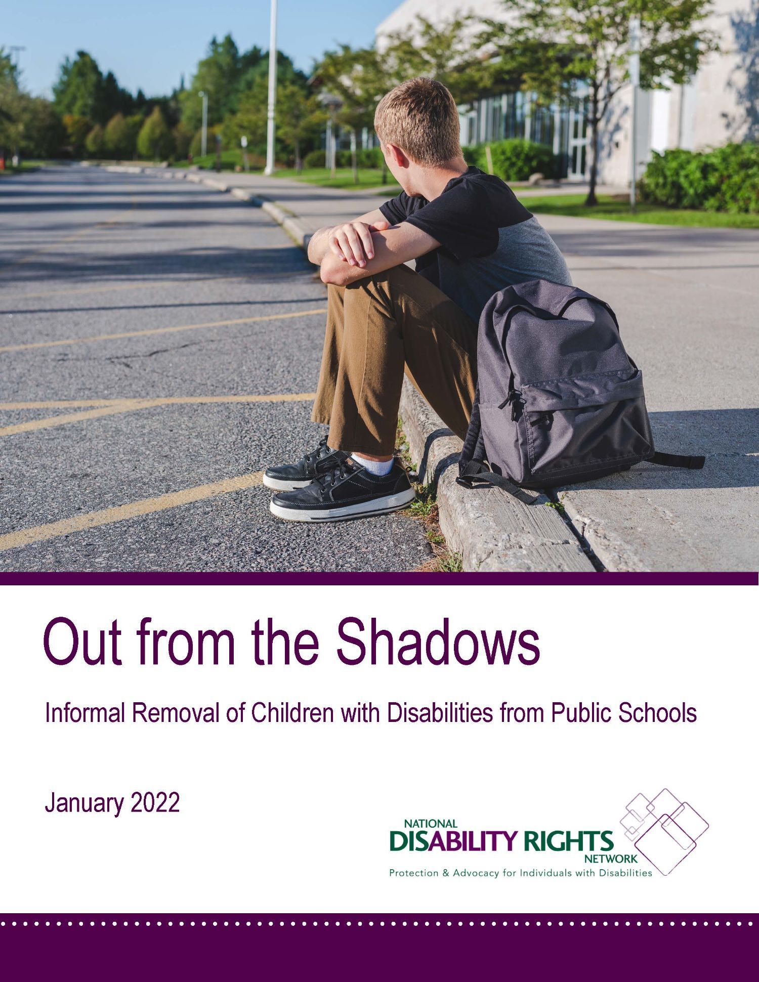 Cover of the report showing a youth sitting on a curb outside of school waiting for a ride.