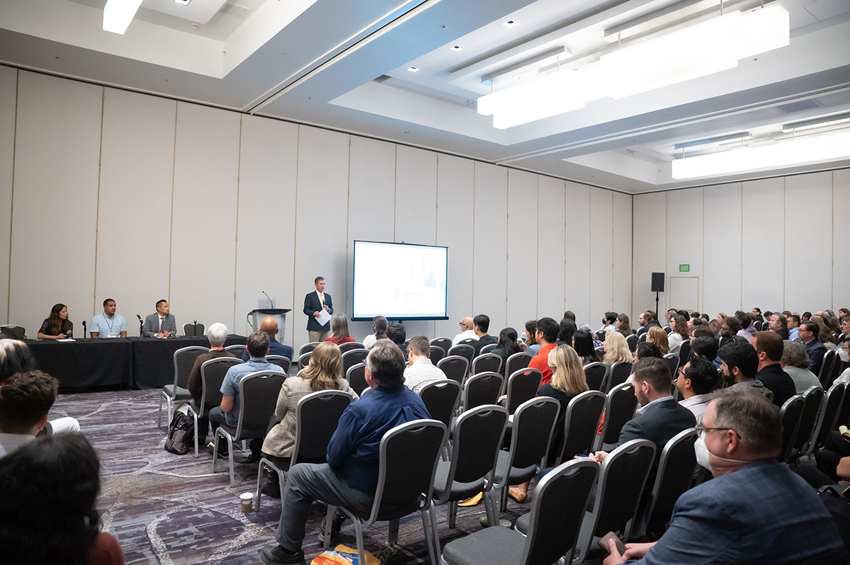 Conference workshop room with speaker at the front