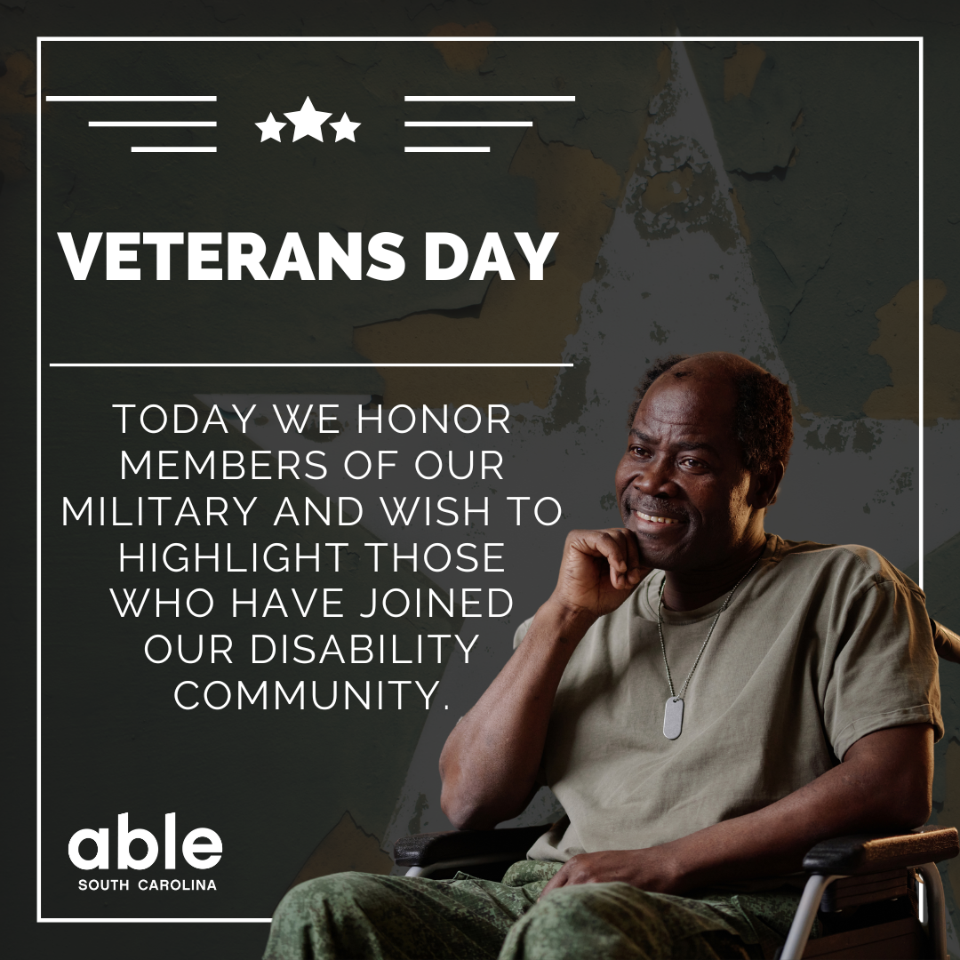 Graphic with text from the post and image of a senior Black man in a wheelchair wearing camo green shirt and dog tags smiles in reflection with hand on his chin.