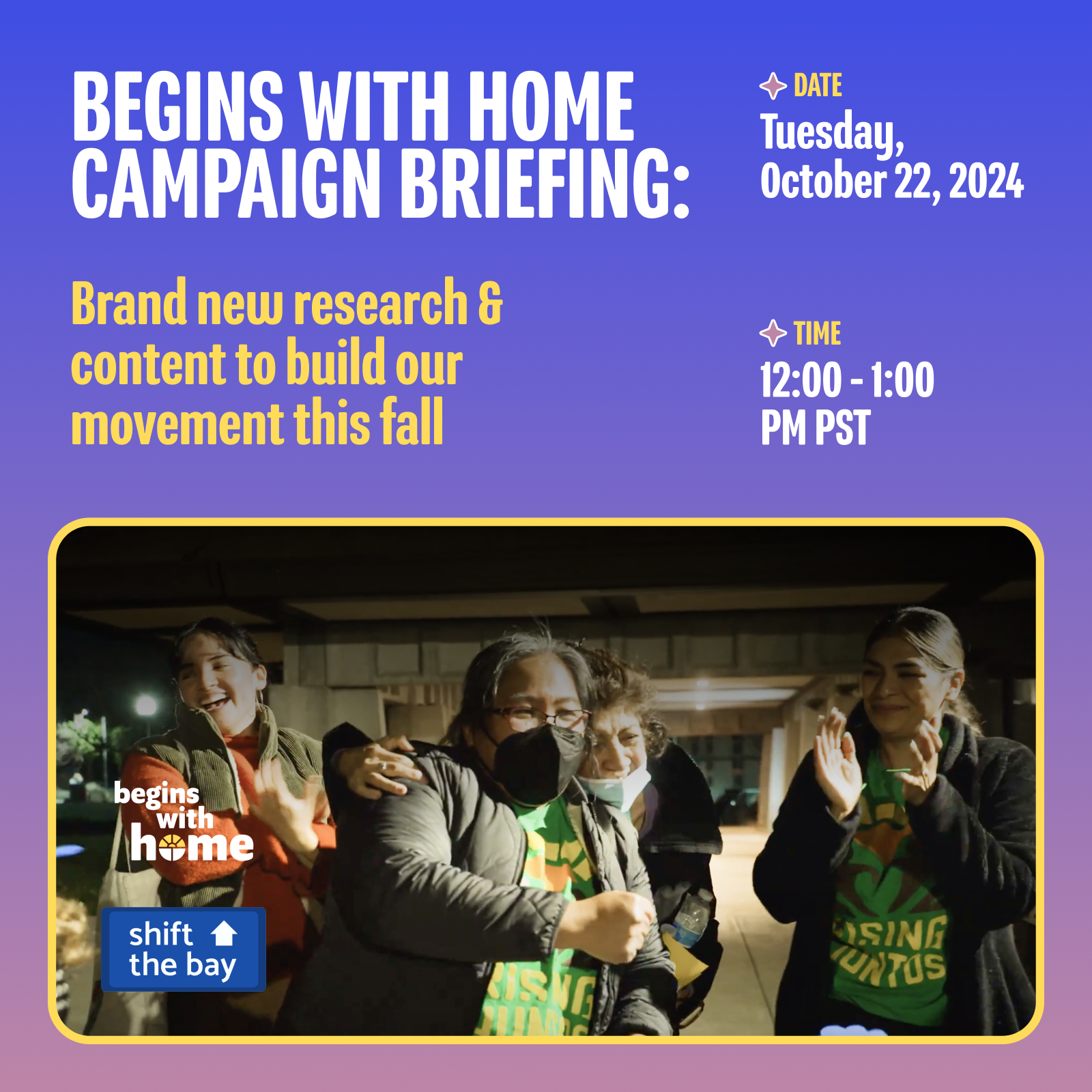 Flyer with event details and image of woman with crowd of people behind her talking to someone near camera.